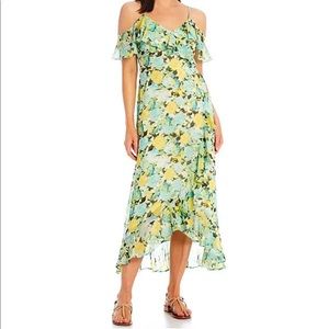 London Times Cold Shoulder Ruffled Midi Dress